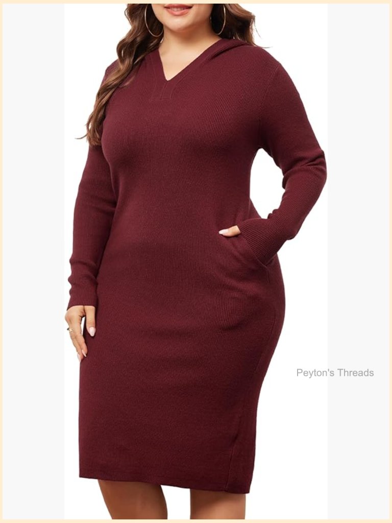 Plus Size V Neck Hooded Midi Sweater Dress With Pockets Long Sleeve